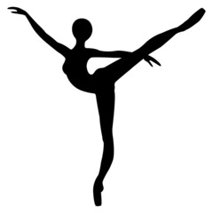 Fototapeta na wymiar Ballerina girl in an elegant pose, black silhouette. Design suitable for emblems of dancing, ballet, sports logo, fitness, yoga, gymnastics on a white background. Isolated vector illustration