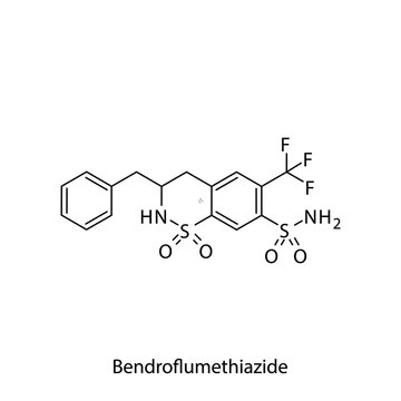 Bendroflumethiazide molecular structure, flat skeletal chemical formula. Thiazide diuretic drug used to treat Hypertension, edema. Vector illustration.
