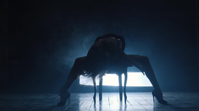 Silhouette of a sexy girl dancing an erotic sensual dance in blue smoke.