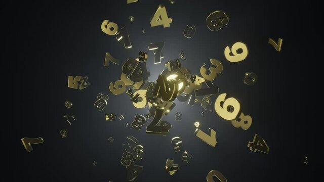 Golden shiny numbers flying in random motion on dark environment with volumetric back lighting.