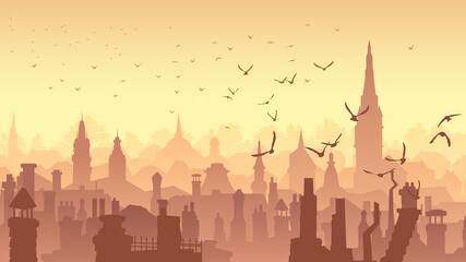 Horizontal vector illustration with the old historical part of the old city at sunset with flocks of birds. - 473134595
