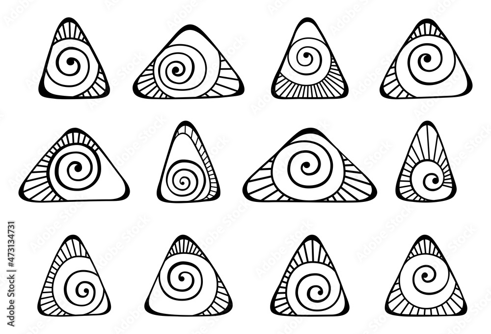 Wall mural set of hand drawn various triangles shapes with spirals inside, doodle design elements. abstract vec