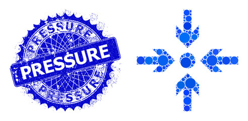 Meeting point vector mosaic of small circles in variable sizes and blue color tones, and rubber Pressure stamp seal. Blue round sharp rosette stamp seal includes Pressure tag inside.