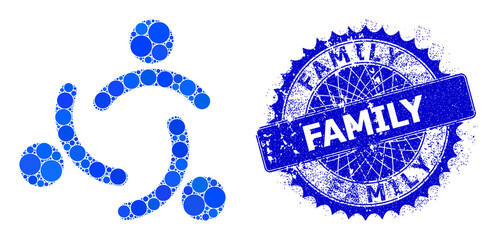 Men community vector composition of circle dots in variable sizes and blue color tones, and textured Family stamp seal. Blue round sharp rosette seal contains Family tag inside.