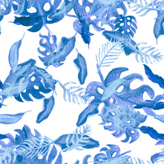 Beryl Seamless Texture. Indigo Pattern Textile. Navy Watercolor Set. Blue Tropical Design. Cobalt Floral Monstera. Azure Summer Jungle. Botanical Garden.