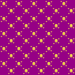 Fototapeta na wymiar simple vector pixel art multicolor endless pattern of skull with abstract hearts. seamless pattern of white human skull with abstract hearts on velvet violet background