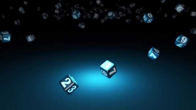 Numerology (falling cubes with numbers create a magic wall). Depth of field. Artistic dark blue background. 3D animation. Quick Time, h264,16-bit color, highest quality. Smooth gradation of color.