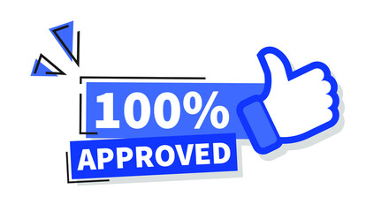 Vector Illustration 100 Percent Approved Label With Thumbs Up Icon.
