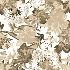 Gray Flower Garden. White Summer Wallpaper. Brown Seamless Wallpaper. Watercolor Wallpaper. Pattern Illustration. Floral Textile. Exotic Leaves. Botanical Wallpaper.