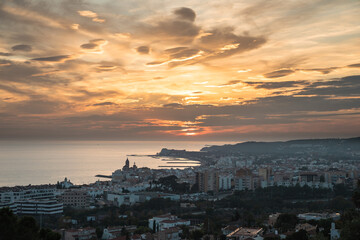 Panoramic sunset view of Sitges, Spain