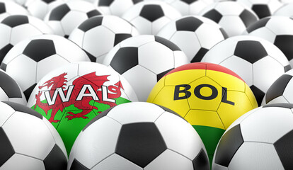 Obraz premium Bolivia vs. Wales Soccer Match - Leather balls in Bolivia and Wales national colors. 3D Rendering 