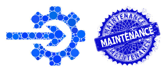 Integration gear vector mosaic of round dots in different sizes and blue color tints, and scratched Maintenance stamp seal. Blue round sharp rosette stamp includes Maintenance title inside.