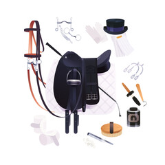 Equestrian scene, dressage riding set, vector illustration of horse grooming tools and riding accessories - 473137319