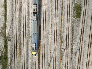 Train on the railway track - Top down aerial view