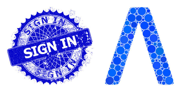 Lambda Greek symbol vector mosaic of circle dots in variable sizes and blue color hues, and scratched Sign In seal. Blue round sharp rosette seal contains Sign In tag inside.