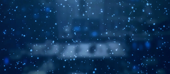 Falling snow outside the window. Wide panoramic view. Artistic work