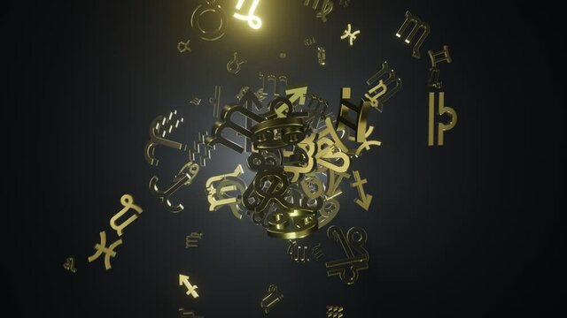 Golden zodiac shiny signs flying in random motion on dark environment with volumetric back lighting.