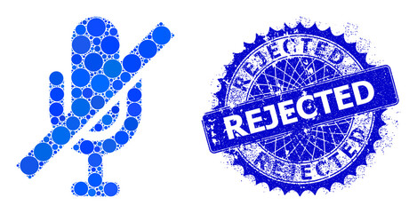Mute vector composition of round dots in various sizes and blue color shades, and grunge Rejected stamp. Blue round sharp rosette stamp has Rejected caption inside.