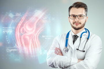 The doctor looks at a hologram of a sore knee, severe pain. X-ray image, trauma, rheumatologist...