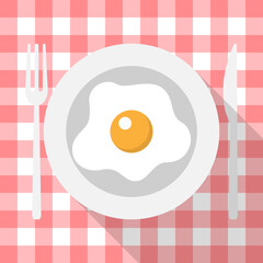 breakfast, plate with cutlery, omelet, on a red checkered tablecloth, flat style, vector