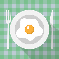 breakfast, plate with cutlery, omelet, on a green checkered tablecloth, flat style, vector