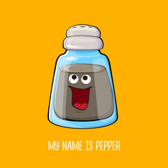 Vector cartoon pepper shaker with smiling faces isolated on orange background. Funky Kawaii pepper character. My name is pepper concept illustration for printing on tee