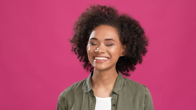 Sweet adorable lady toothy smiling isolated fuschia color background