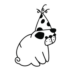 Outline icon. Funny pug wearing party hat. Vector illustration on white background. 
