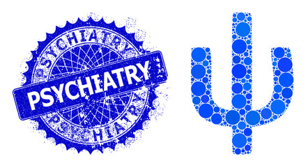 Psi Greek lowercase symbol vector composition of circle dots in various sizes and blue color tinges, and textured Psychiatry stamp. Blue round sharp rosette stamp contains Psychiatry text inside it.