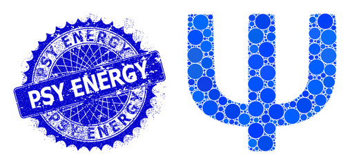 Psi Greek symbol vector composition of dots in variable sizes and blue color shades, and textured Psy Energy badge. Blue round sharp rosette badge has Psy Energy title inside.