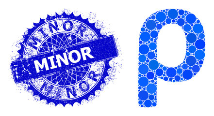 Rho Greek lowercase symbol vector mosaic of small circles in variable sizes and blue color tones, and rubber Minor stamp. Blue round sharp rosette stamp seal includes Minor text inside.