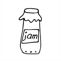 An image of one jam jar. Doodle style. Hand-drawn illustration in the form of a doodle-style drawing isolated on a white background.
