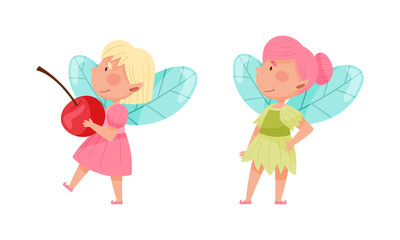Lovely fairy girls with wings set. Adorable winged girls, fairy tales creatures cartoon vector illustration