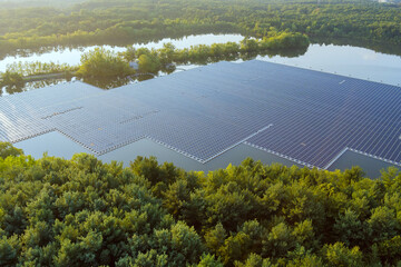Aerial view of floating solar panels platform system on the lake
