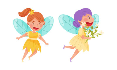 Lovely flying fairy girls set. Adorable winged girls, fairy tales creatures cartoon vector illustration