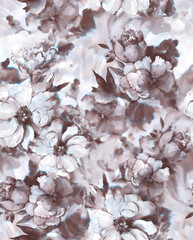 Trendy textile watercolor pattern monochrome floral trendy print ink peonies in classic style.