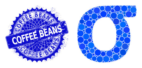 Sigma Greek lowercase symbol vector collage of round dots in various sizes and blue color shades, and rubber Coffee Beans stamp. Blue round sharp rosette stamp seal includes Coffee Beans tag inside.