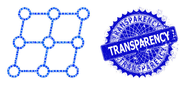 Shifted grid nodes vector mosaic of round dots in variable sizes and blue color tints, and rubber Transparency stamp seal. Blue round sharp rosette seal has Transparency title inside it.