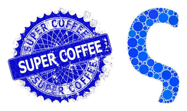 Sigma Greek lowercase letter vector composition of circle dots in various sizes and blue color tints, and rubber Super Coffee stamp seal.