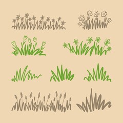 Fototapeta na wymiar Collection of hand-drawn grass drawings with flowers