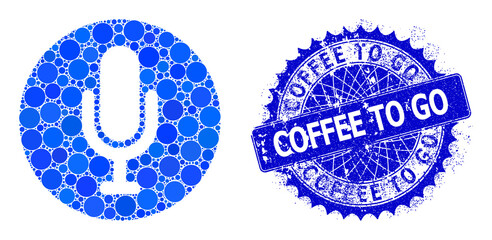 Sound vector mosaic of round dots in various sizes and blue color tones, and scratched Coffee to Go badge. Blue round sharp rosette badge has Coffee to Go text inside it.