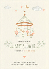 Watercolor elephants for nursery. Cute poster example for baby shower. The template with little baby elefant for nursery, posters, print, baby shower.