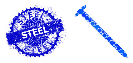 Steel nail vector mosaic of round dots in different sizes and blue color tones, and textured Steel seal. Blue round sharp rosette seal has Steel text inside it.