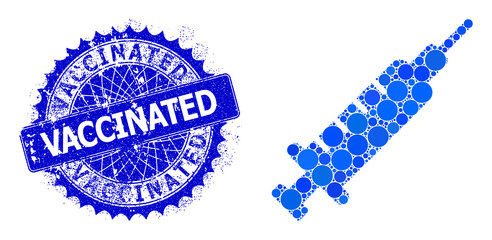 Syringe vector composition of circle dots in various sizes and blue color tones, and distress Vaccinated stamp seal. Blue round sharp rosette stamp seal includes Vaccinated caption inside it.