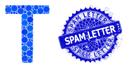 Tau Greek letter vector collage of circle dots in variable sizes and blue color tints, and rubber Spam Letter stamp seal. Blue round sharp rosette stamp seal contains Spam Letter tag inside.