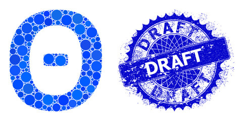 Theta Greek symbol vector mosaic of round dots in variable sizes and blue color tones, and grunge Draft seal. Blue round sharp rosette stamp seal contains Draft tag inside.