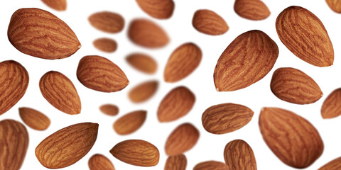 Almond background. Close-up almond nuts levitate on a white background.