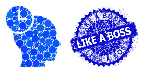 Time management vector mosaic of round dots in variable sizes and blue color tinges, and distress Like a Boss stamp seal. Blue round sharp rosette stamp seal has Like a Boss tag inside.