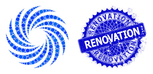 Turbine rotation vector collage of round dots in variable sizes and blue color tones, and distress Renovation badge. Blue round sharp rosette badge has Renovation title inside it. - obrazy, fototapety, plakaty