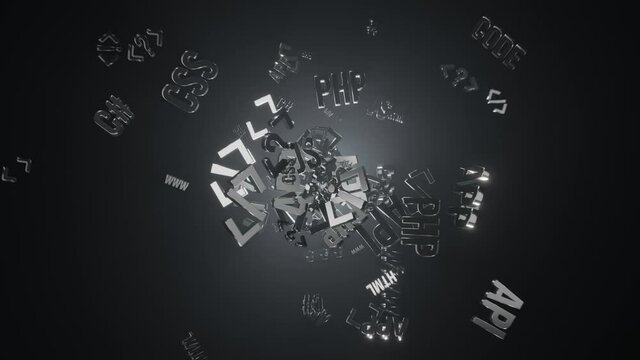 Shiny metallic code icons flying in random motion on dark environment with volumetric back lighting.